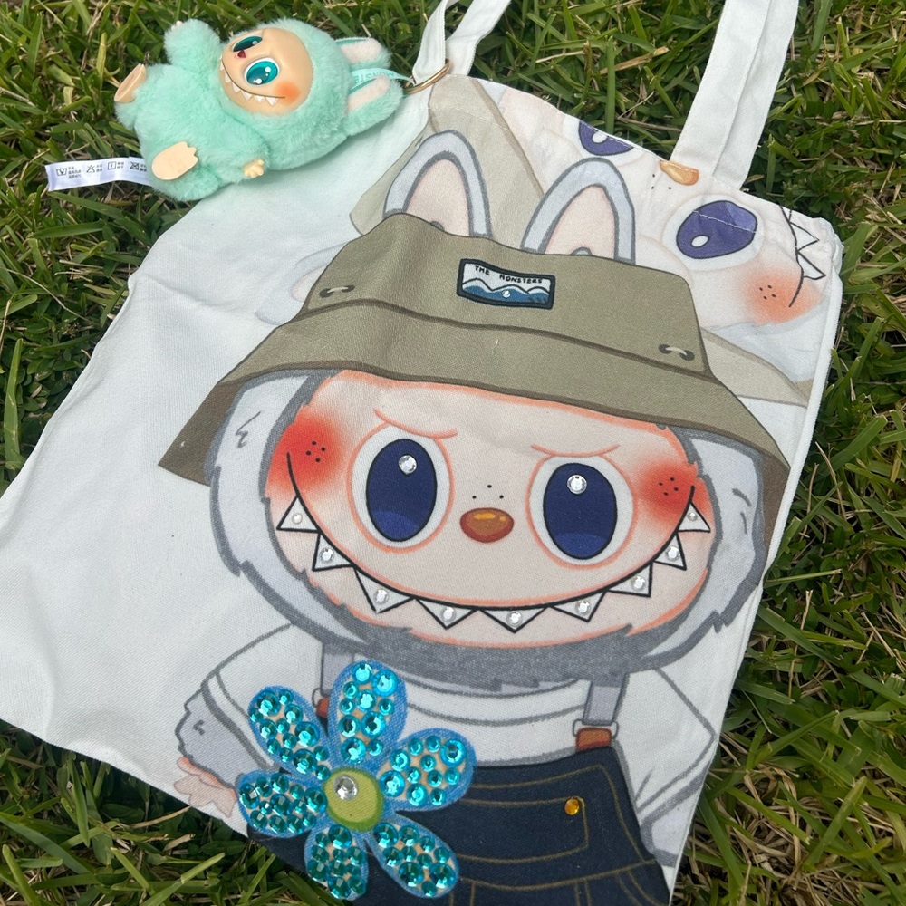 Cute Character Tote Bag with Plush Keychain